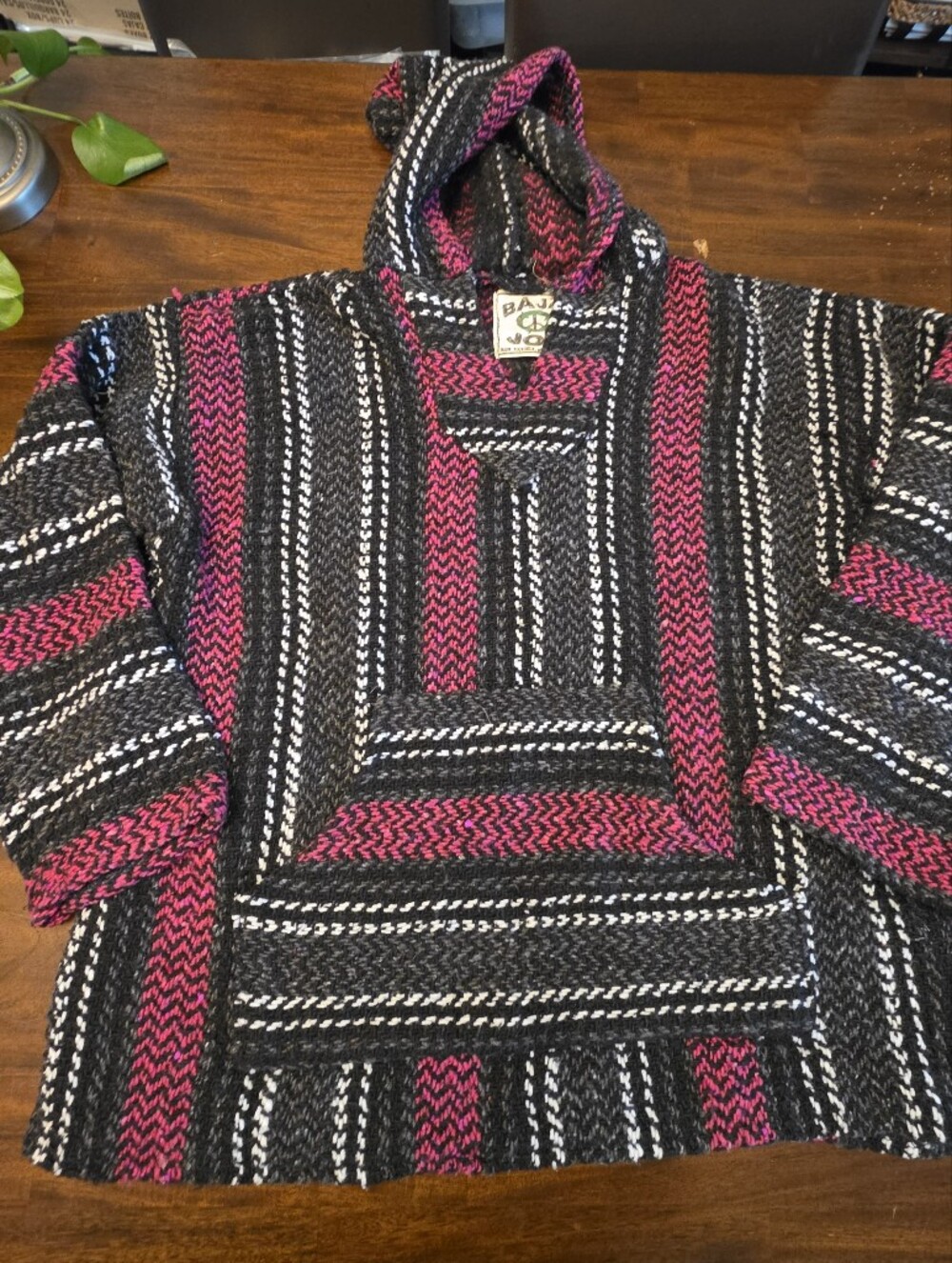Vintage Baja Joe Striped Mexican Baja Hoodie Drug Rug Pink Black Grey